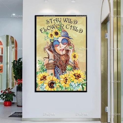 Hippie Girl Prints | Stay Wild Flower Child Canvas, Hippie Girl Home Decor,Flower Children,Hippie Gift,Vintage Poster,Wall Art