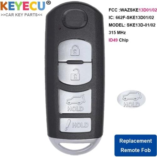 KEYECU Smart Remote Car Key for Mazda CX-9 CX-5 2016 2017 2018, Fob 4 Button - 315MHz - 49 Chip - FCC ID: WAZSKE13D02 / SKE13D01