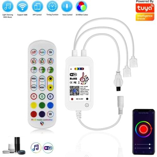 DC12-24V TUYA Wifi LED RGB Controller Music Controller Double Output 24 Key IR Remote Controller For work with Alexa Google Home