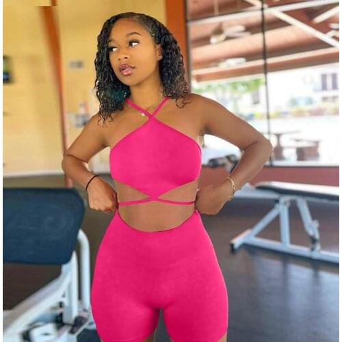 Pink/black/rose Red Sexy 2 Piece Club Outfits Womens Sets Halter Neck Backless Crop Top and Workout Skinny Short Sweatsuits