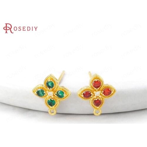 4PCS 10x8MM 24K Gold Color Brass and Zircon Flower Stud Earrings Pins Earrings Jewelry Making Supplies Diy Findings Accessories