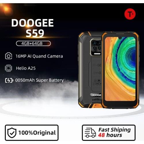 DOOGEE S59 Rugged Phone 10050mAh Super Battery Smartphone 4GB+64GB Cellphone IP68/IP69K 2W Loud Volume Speaker Celular