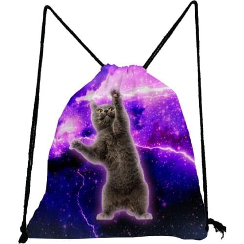 Cat Drawstring Bag Purple Lightning Printed Unisex Backpack Reusable Women Storage Bag Child Book Bag Eco Friendly Shoe Pocket