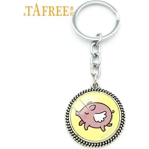 TAFREE A Pig with wings Photo Keychain Cartoon Pig Personality Glass Dome Key Chains Key Rings Keyrings Pendant PG12