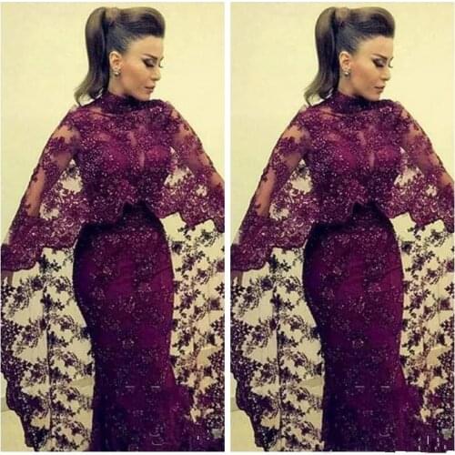 Burgundy Muslim Evening Dresses Mermaid Long Sleeves Lace Beaded Islamic Dubai Saudi Arabic Long Elegant Evening Gown