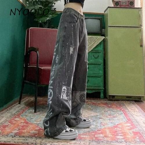 NYOOLO Vintage Harajuku Streetwear Ripped Patchwork High Waist Boyfriend Wash Baggy Jeans Women Men Goth Hip Hop Denim Pants