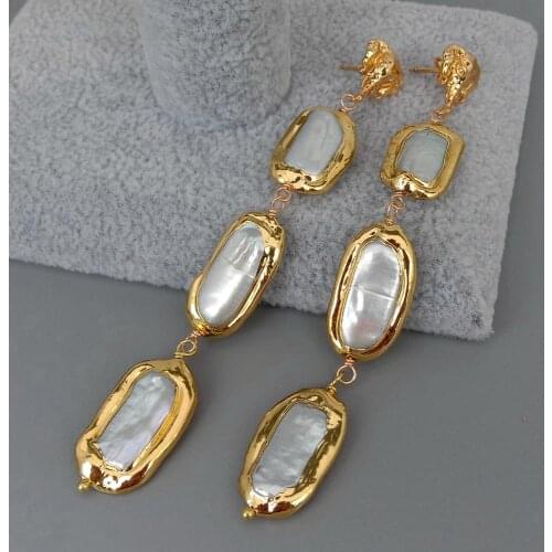 Y·YING Cultured White Biwa Pearl With Electroplated Edge Dangle Stud Earrings
