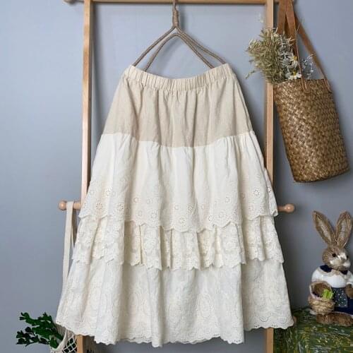 Japanese Mori Girl Elastic Waist Stitching Skirt 2021 Spring New Three-Layer Stitching Lace A-Line Cake Skirt Women