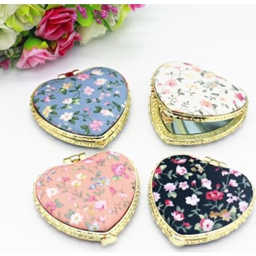 Makeup Mirror Folding Flower Vintage Two-side Folding Round Heart-shaped Floral Cloth Pocket Mirror Portable Mini Cosmetics Tool