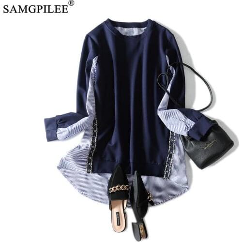 Winter Clothes Women Oversized Jacket Office Lady Cotton Full Sleeve Patchwork Striped Pullovers O-neck Sweatshirts For Woman