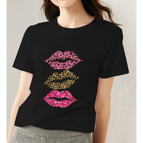 Womens Classic Black Print Tshirt Fashion Sexy Lips Pattern Series Short Sleeve T-Shirt All-match Tee Shirt Female Tops Clothes