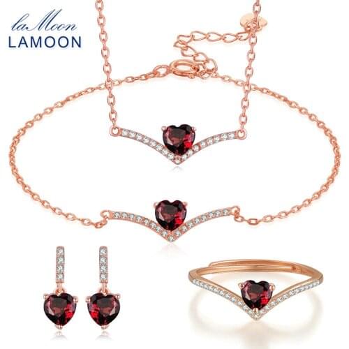 LAMOON Sterling Silver 925 Jewelry Sets For Women Heart Cut Red Garnet Gemstone 18K Rose Gold Plated Fine Jewelry V004-1