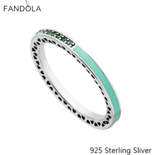 925 Sterling Silver Ring Radiant Hearts, Bright Mint Enamel & Royal Green Crystals European Style Jewelry CKK