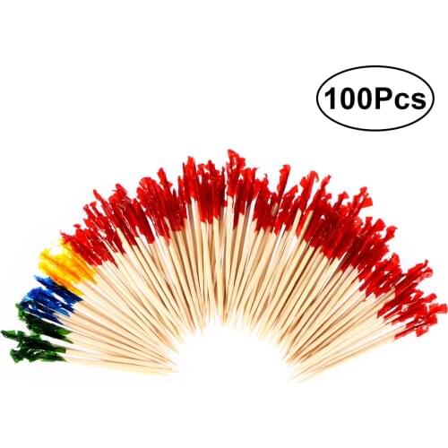 100pcs Bamboo Fruit Picks with Colorful Strip Flower Pick Cocktail Sticks Cocktail Pick Sandwich Fruit Toothpicks Party Supplies
