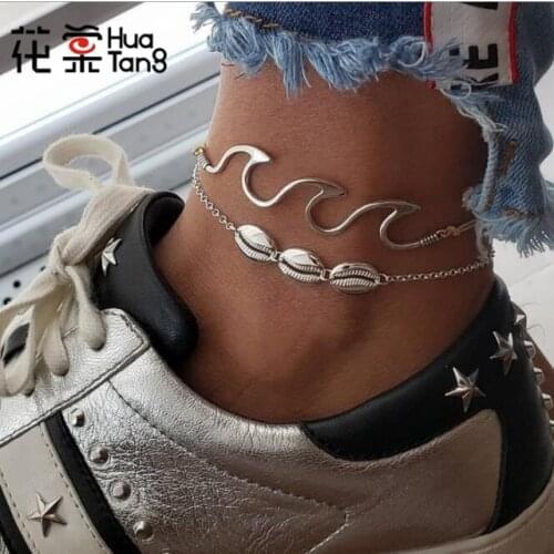 HuaTang Boho Alloy Shell Charm Anklets Bracelet Female Geometric Wave Foot Chain On The Leg Women Girl Summer Beach Jewelry 6478