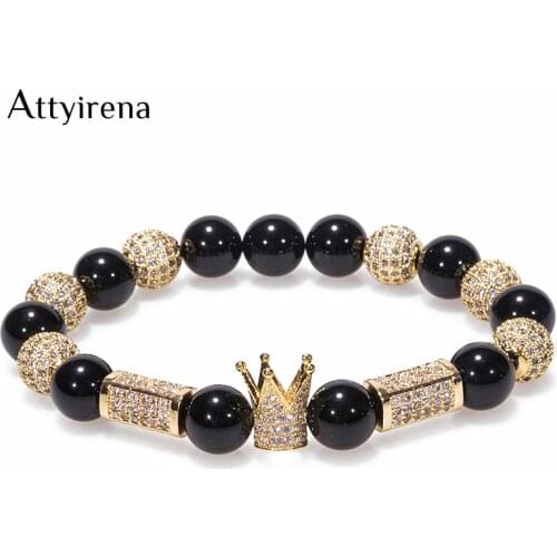 New Zircon Ball Men Women Jewelry Cubic Micro Pave CZ Crown Charm & 10mm Black Onyx Round Stretchy Bracelet 2018 Dropshipping
