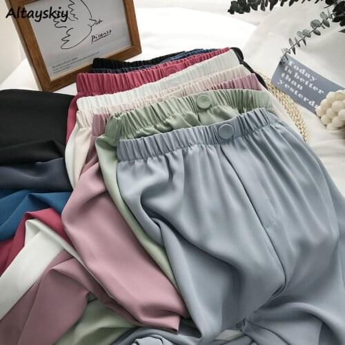 Pants Women Summer Korean Style Baggy High Waisted Ice Fabric Fashion Casual Office Ladies Trousers Students Straight Simple