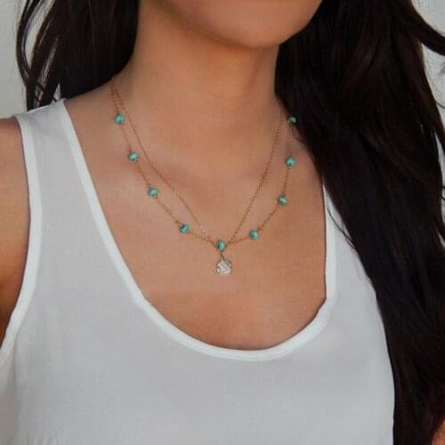 Double Layer Trendy Geometric Round Sequin Necklace Pendant Women Personality Creative Green Stone Short Choker Necklace Jewelry