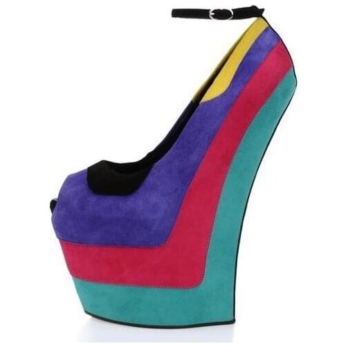 Patchwork Mixed Colors Wedge Shoes Sky High Platform Women Wedge Sandal Dress Shoes Ankle Strap Open Toe Rainbow Pumps