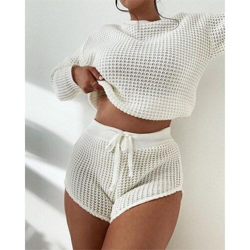 Two Piece Set Women Casual Two Piece Knitted Sweater Outfits Long Sleeve Round Neck Crop Tops High Waist Drawstring Shorts Sets