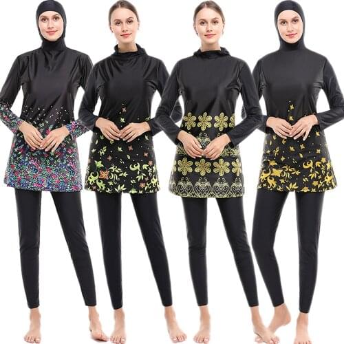 New 2PCS Muslim Burkini Printed Swimsuit Womens Hooded Loose Conservative Beach Wear Swimwear Long Sleeve Swimming Suit Bathing