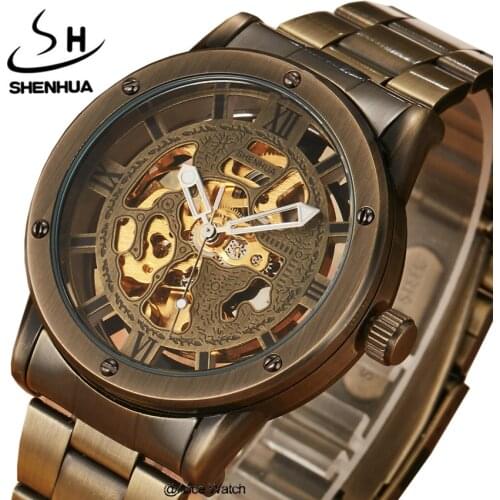 Top Brand SHENHUA Full Steel Mens Automatic Mechanical Watches Men Luxury Gold Skeleton Mechanical Watch Reloj Relogio Masculino