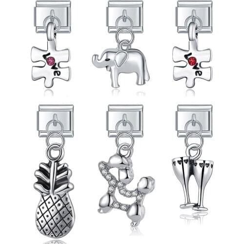 Hapiship Fashion Puzzle Elephant Dog Pineapple Italian Links Charm Fit 9mm Bracelet Stainless Steel Jewelry DIY Making DJ370