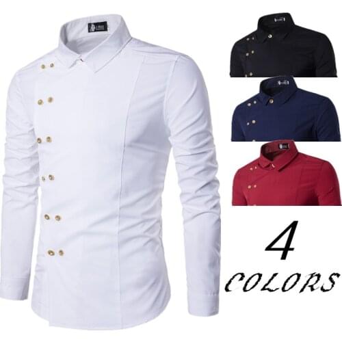 Mens Dress Shirts Mens Solid-color Slanted Front Double-breasted Slim and Stylish Long Sleeve Shirt
