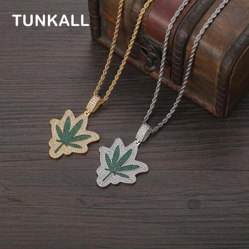 TUNKALL Men And Women Necklace leaf Shape Pendants Brass CZ Hip Hop Jewelry Party Gift CN252