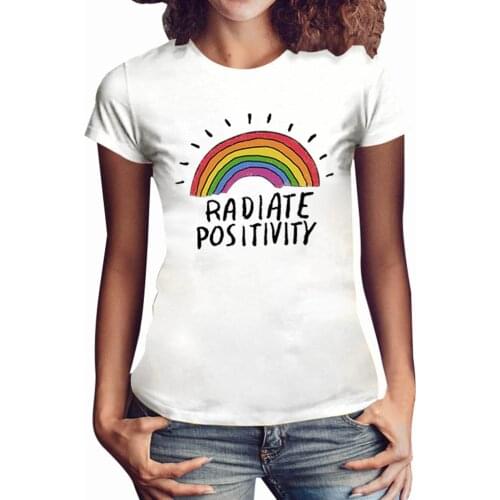 Hillbilly RAOIATE POSITIVITY New T Shirt Women Rainbow Graphics Striped Tops 2020 Short Sleeve Beach Couple Cotton Tshirt Famale