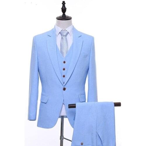 Single row one button Blazer Sky Blue Men Suits for Prom Men 3 Piece Male Jacket Pant Vest Notched Lapel Wedding Groom Tuxedos
