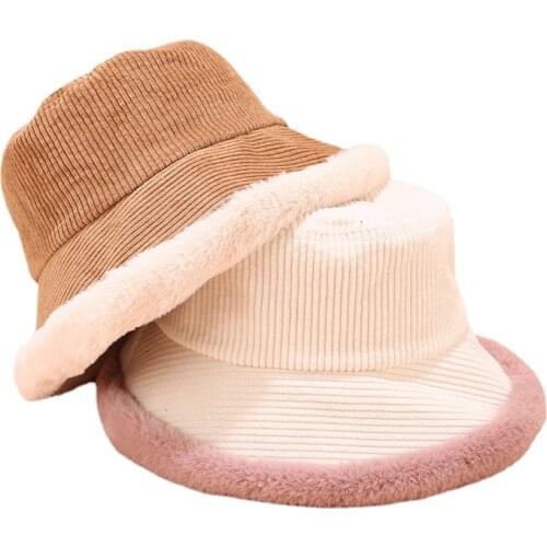 2021 Winter Bucket Hats Women Corduroy Panama Hat Thick Warm Plush Fisherman Cap for Girl Crimping Basin Hat Kapelusz Outdoor