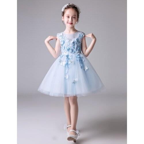 Baby Girl Baptism Dress Light Blue Tulle Appliques Christening Gown Infant Girls Party Dresses for Little Girls 1 Year Birthday