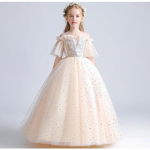 Flower Girl Dresses Illusion Off The Shoulder Princess Sequined O-Neck Ball Gown Embroidery Champagne Tulle Kid Party Skirt H088