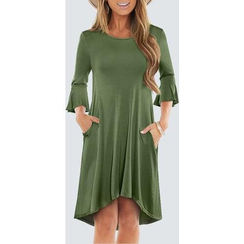 Casual O Neck Flare Sleeve Elegant Solid Color Fashion Brief One Piece Loose Dress HA236
