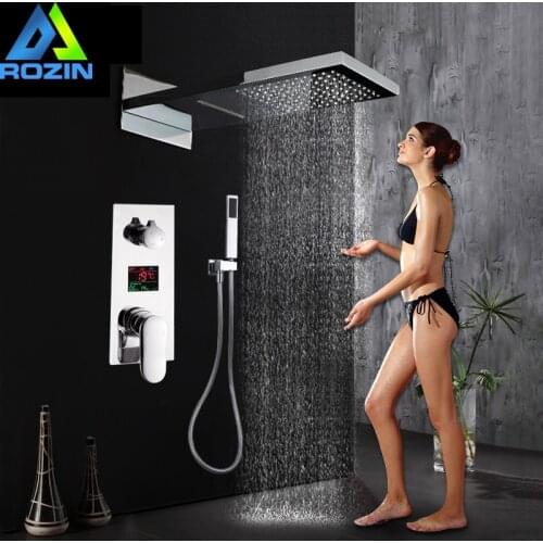 Luxury Bath Shower Mixer Kits Digital Display Wall Mounted Rain Waterfall Shower Head Chrome Shower Faucet with Handshower