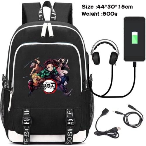 Demon Slayer Kimetsu no Yaiba USB Charging Canvas Backpack Headphone Teenager Travel Laptop Bag Student Zipper Cartoon Schoolbag