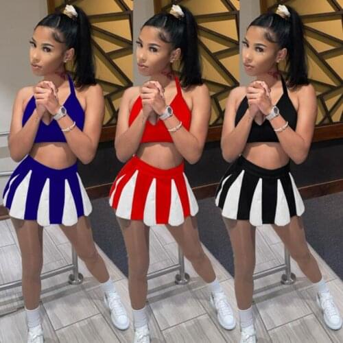 ZKYZWX Sexy Two Piece Set Halter Crop Top Print Mini Dresses for Women Summer Vacation Outfits Night Club Matching Dress Sets