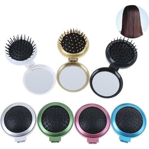 Folding Massage Comb Hair Brush With Mirror Compact Travel Pocket Comb