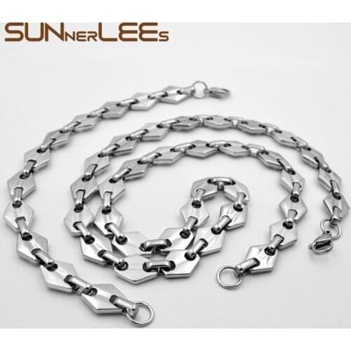 SUNNERLEES Fashion Jewelry Stainless Steel Necklace Bracelet Set 11mm Geometric Link Chain Silver Color Gold Plated SC135 S