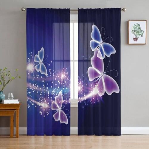 Purple Butterfly Tulle Curtains for Living Room Bedroom Decor Chiffon Sheer Voile Kitchen Window Curtain
