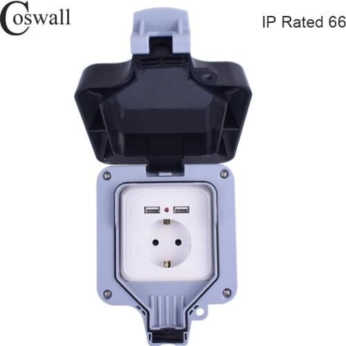 Coswall IP66 Weatherproof Waterproof Outdoor 16A EU Standard Wall Power Socket With Dual USB Charging Port 2.4A Output