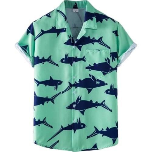 Shark Print Green Mens Hawaiian Shirts Short Sleeve Button Down Beach Wear Casual Holiday Vacation Aloha Party Clothing Chemise