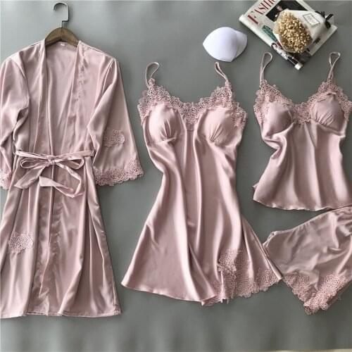 Women Sexy Pajamas Lace Silk Robe&Gown Bathrobe Sleep Lounge Set 4pcs Sleepdress Solid Robes Sleepwear Pyjamas Femme Nightgown