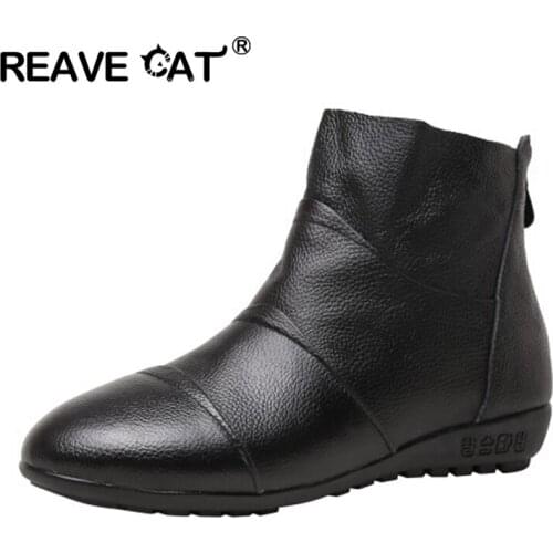 REAVE CAT Safe Walking Elderly Winter Plush Boots For Women Sport Shoes Female Mom Genuine Leather Ankle Shoes Ladies Fashion