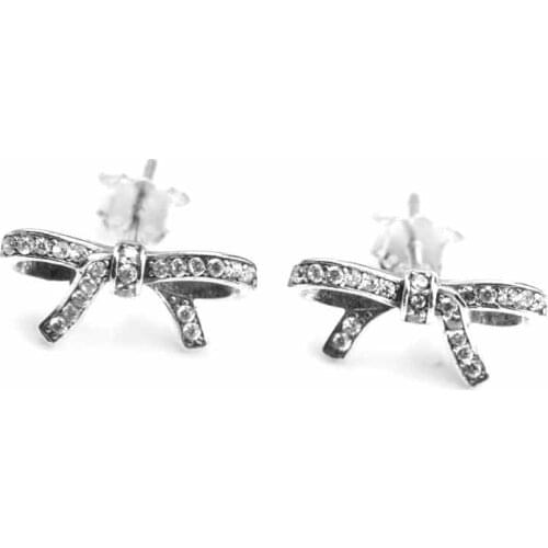 European Fashion Lovely Bowknot Design Zicon Clear Stones Real S925 Sterling Silver Earrings for Women