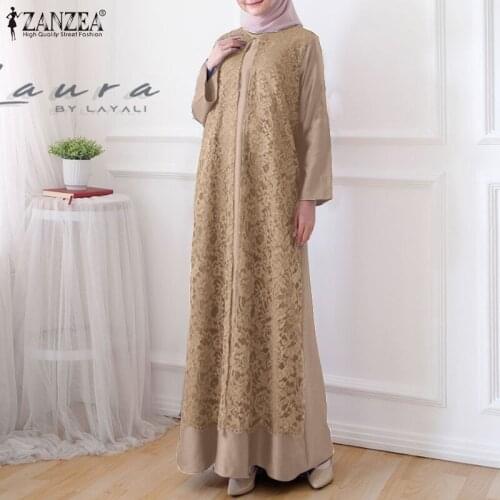 ZANZEA Fashion Muslim Dresses Vintage Kaftan Abaya Lace Crochet Sundress Party Long Maxi Shirt Dress Marocain Turkish Vestidos