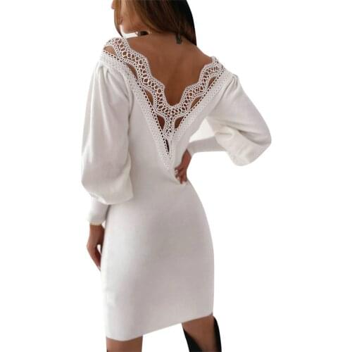 Women Skinny Dress Autumn Sexy Backless hollow out Long Sleeve V-neck solid color Lace Patchwork One-piece lady mini dress