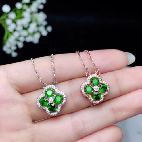 Natural green diopside gem necklace natural gemstone Elegant Clover pendant necklace S925 silver women party gift fine jewelery