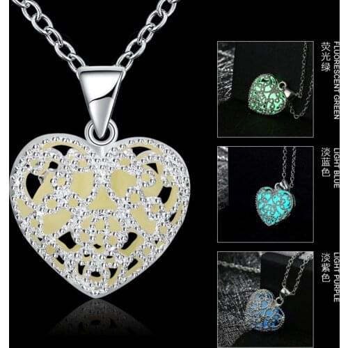 Best Lovers Gift Heart Shape Luminous Pendant Romantic Women Hollow Glowing 925 Sterling Silver Necklace ping